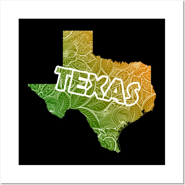 Colorful mandala art map of Texas with text in green and orange Wall Art by Happy Citizen